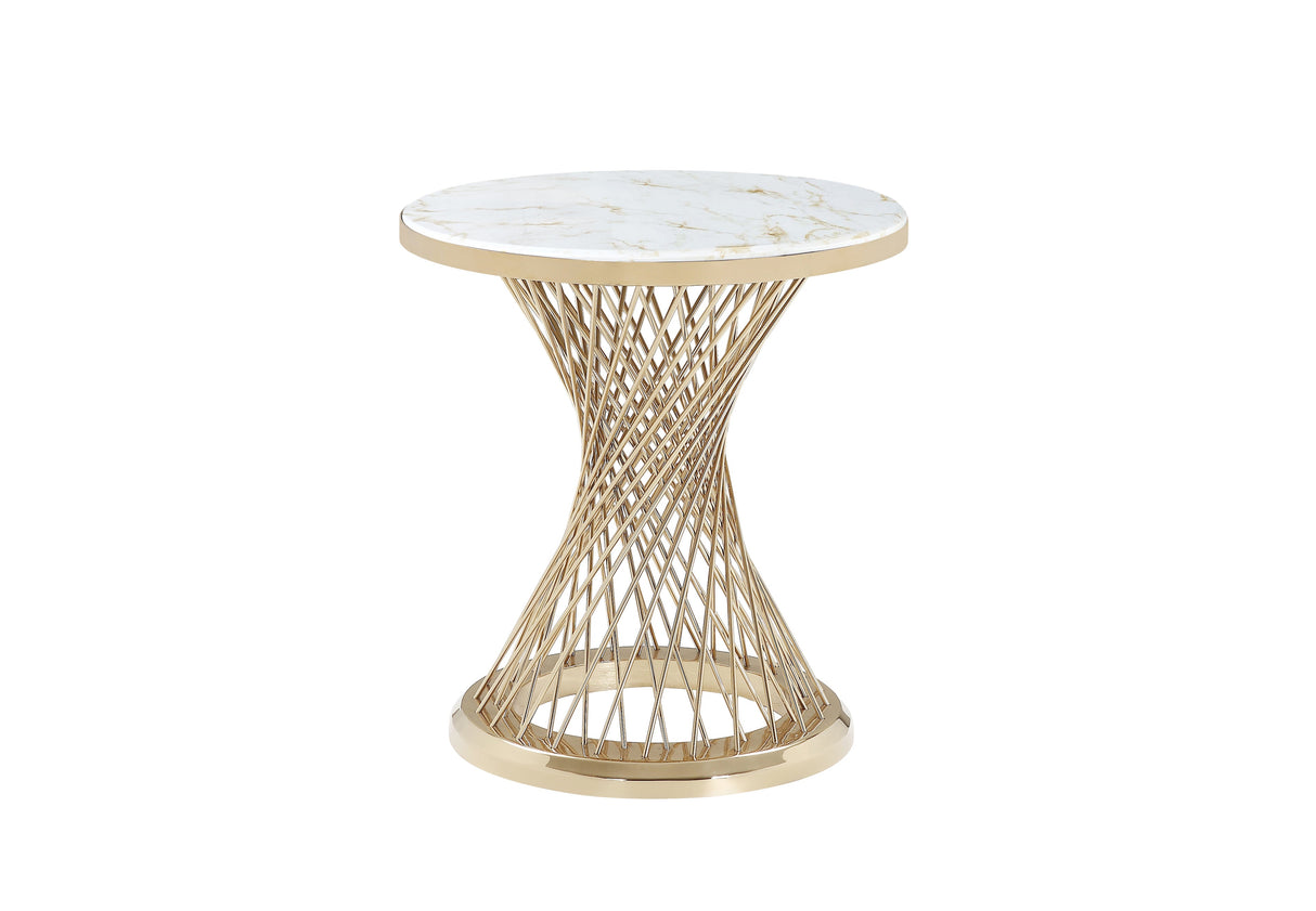 Carter modern side table featuring a white marble top and a gold spiral metal base.