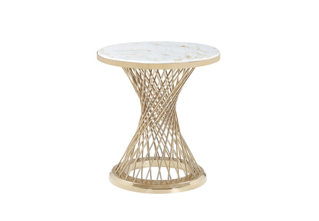 Carter modern side table featuring a white marble top and a gold spiral metal base.
