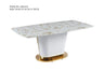 Close-up of FOAK Sofia dining table showing rectangular marble tabletop and gold-finished base accents.