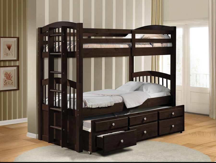 Micah Twin over Twin Bunk Bed with Trundle & Storage Drawers - Mission Style in Espresso