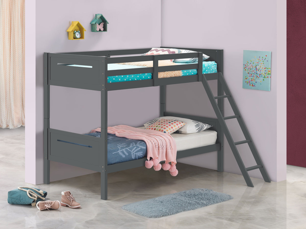 Littleton Wood Bunk Bed - Twin over Twin or Twin over Full, Convertible with Angled Ladder in Espresso, White, Black or Grey - lifestyle
