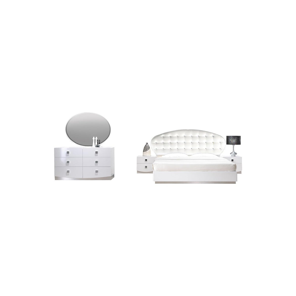 France 5-Piece Faux Leather Queen Bedroom Set in White Lacquer