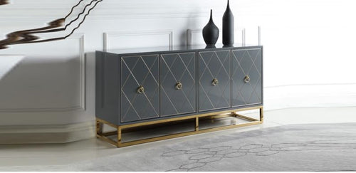Tabitha 64" Lacquer Sideboard Buffet with Diamond Pattern Doors and Gold Legs - Modern Glam & White
