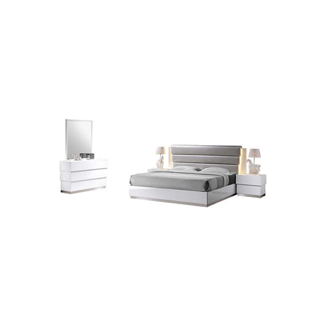 5-Piece Florence White Lacquer and Gray Leather Headboard Bed Set, California King