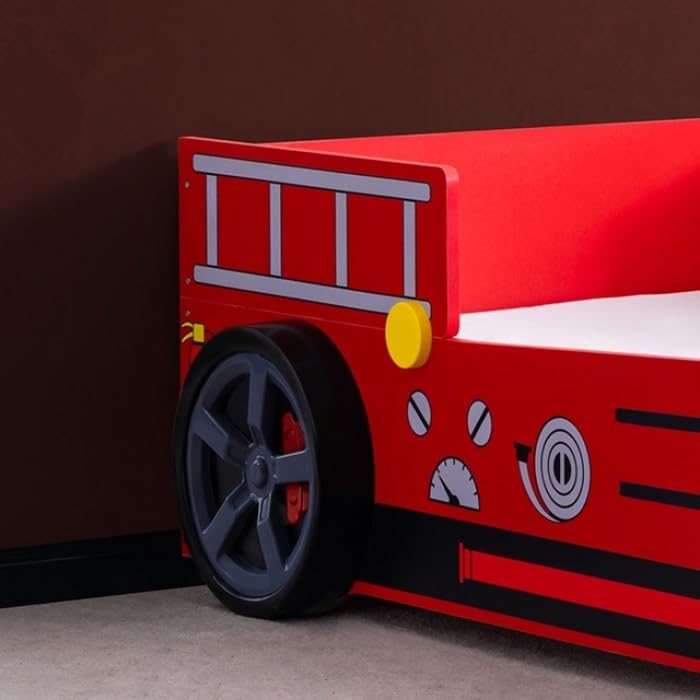 Firestall Twin Fire Truck Bed - Novelty Kids Race Car Bed in High Gloss Red