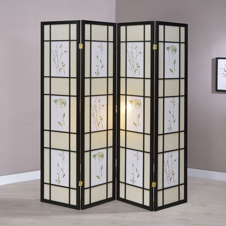 Catabella 4-Panel Folding Room Divider - Beige & White Floral Fabric in Black Wood Frame