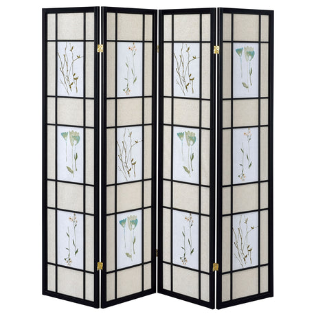 Catabella 4-Panel Folding Room Divider - Beige & White Floral Fabric in Black Wood Frame – view 3