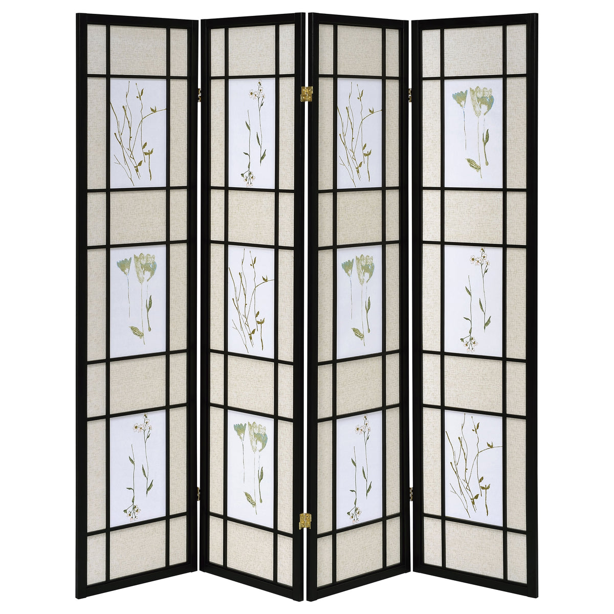 Catabella 4-Panel Folding Room Divider - Beige & White Floral Fabric in Black Wood Frame – view 4