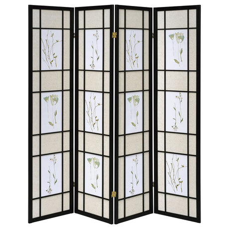 Catabella 4-Panel Folding Room Divider - Beige & White Floral Fabric in Black Wood Frame – view 4