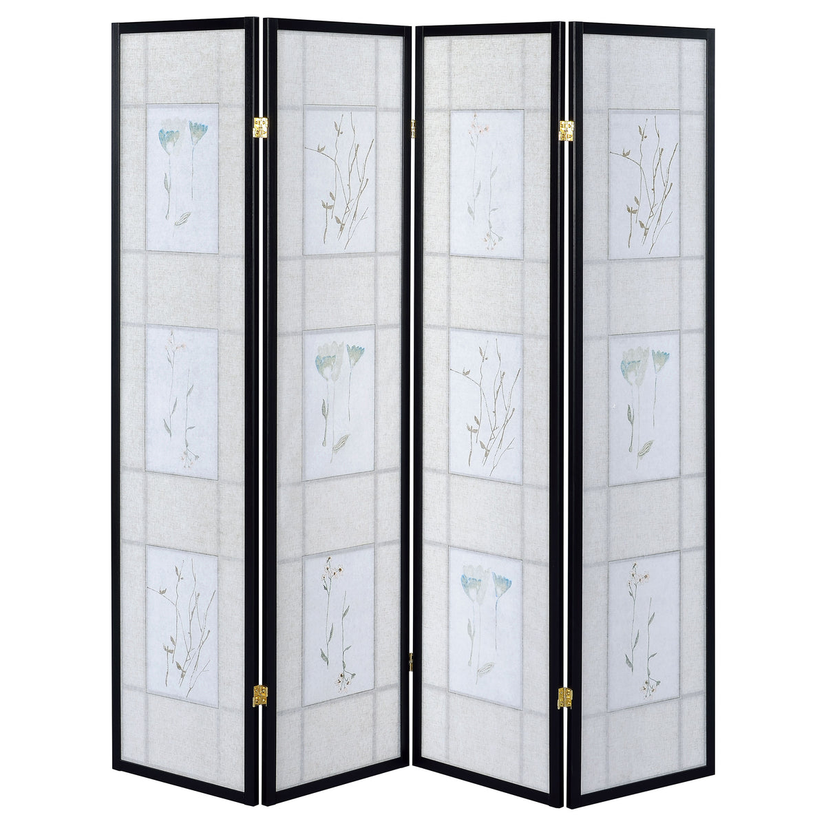 Catabella 4-Panel Folding Room Divider - Beige & White Floral Fabric in Black Wood Frame – view 5