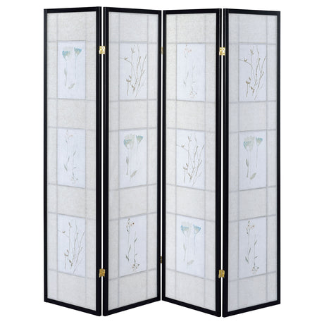 Catabella 4-Panel Folding Room Divider - Beige & White Floral Fabric in Black Wood Frame – view 5