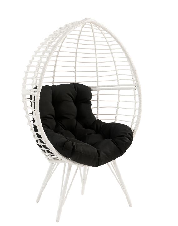 Galzed Teardrop Patio Lounge Chair - Cushioned Seat in White Wicker & Black