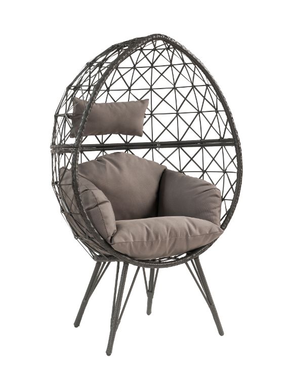 Aeven Patio Lounge Chair - Teardrop Wicker Frame & Hairpin Legs in Black with Light Gray Cushion