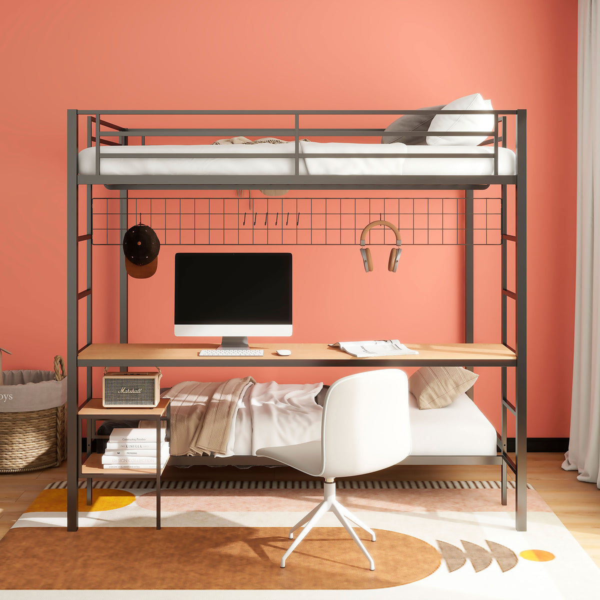 Bettoni Full Over Twin Workstation Bunk Bed with Built-In Desk - Metal in Matte Black or Matte White – view 5