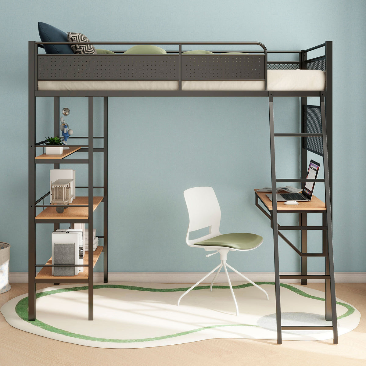 Campus Metal Twin Workstation Loft Bed with Desk & 3 Shelves - Matte Black or Matte White – view 4