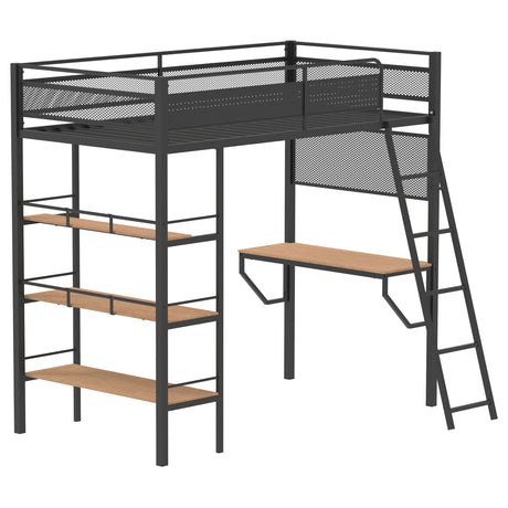 Campus Metal Twin Workstation Loft Bed with Desk & 3 Shelves - Matte Black