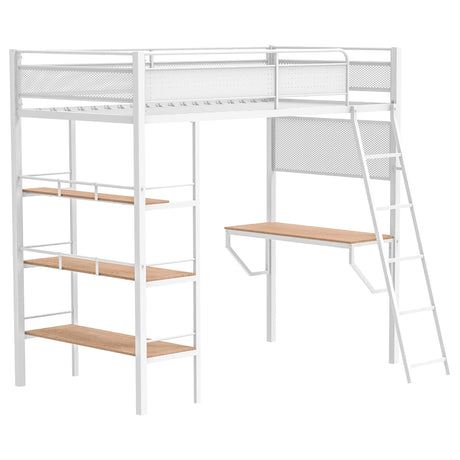 Campus Metal Twin Workstation Loft Bed with Desk & 3 Shelves - Matte White