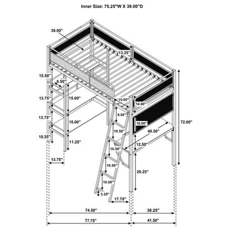 Campus Metal Twin Workstation Loft Bed with Desk & 3 Shelves - Matte Black or Matte White – view 16