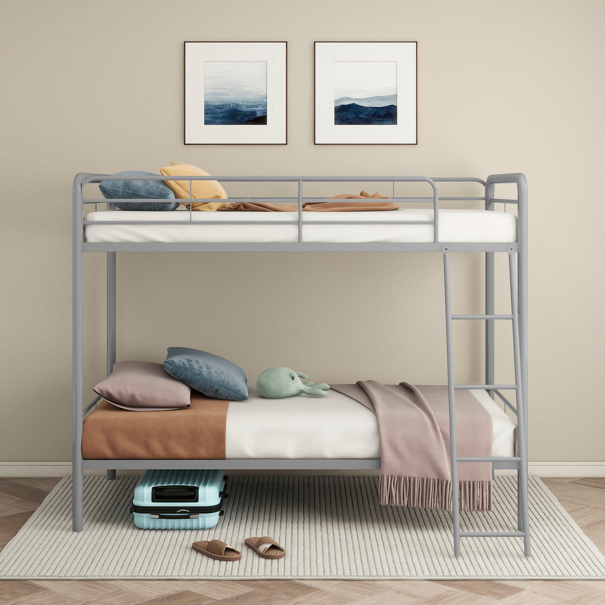 Carson Metal Twin Over Twin Bunk Bed - Full-Length Guardrails & Built-In Ladder in Glossy Black or Silver – view 12