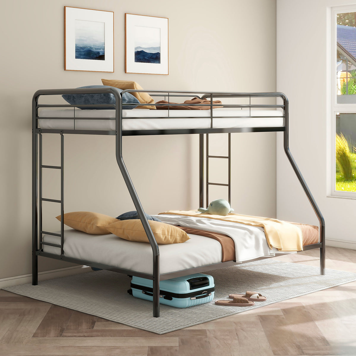 Carson Metal Twin over Full Bunk Bed with Guardrails & Ladders - Glossy Black or Silver – view 1