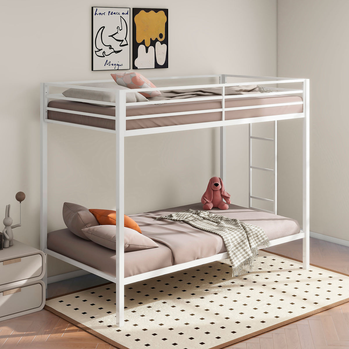 Alevera Metal Twin over Twin Bunk Bed with Ladder & Guardrail - Matte Black or Matte White – view 9