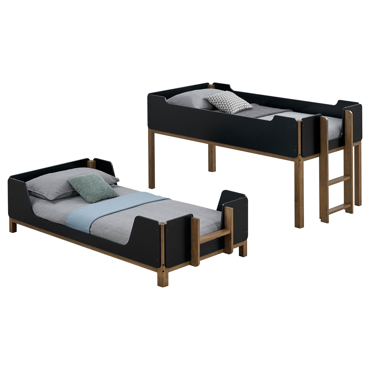 Morris Twin Over Twin Bunk Bed - Convertible Wood Frame with Panel Guardrails in Walnut & Black – view 8