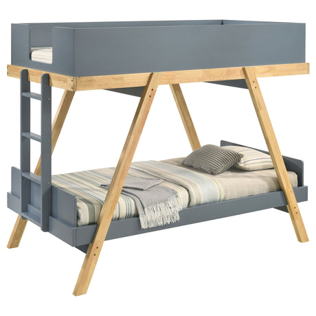 Frankie Twin Over Twin Bunk Bed - Blue & Natural, Bunk Bed + 2 Twin Mattresses