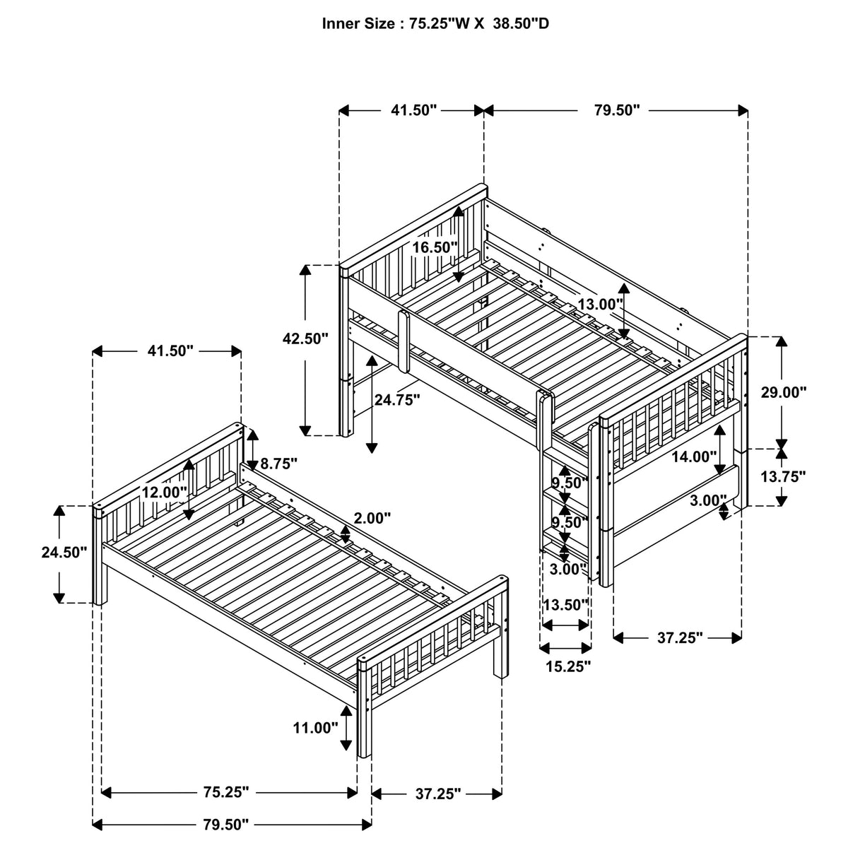 Dakota Twin over Twin Convertible Bunk Bed - 5 Configurations in Natural Wood with White Accents – view 13