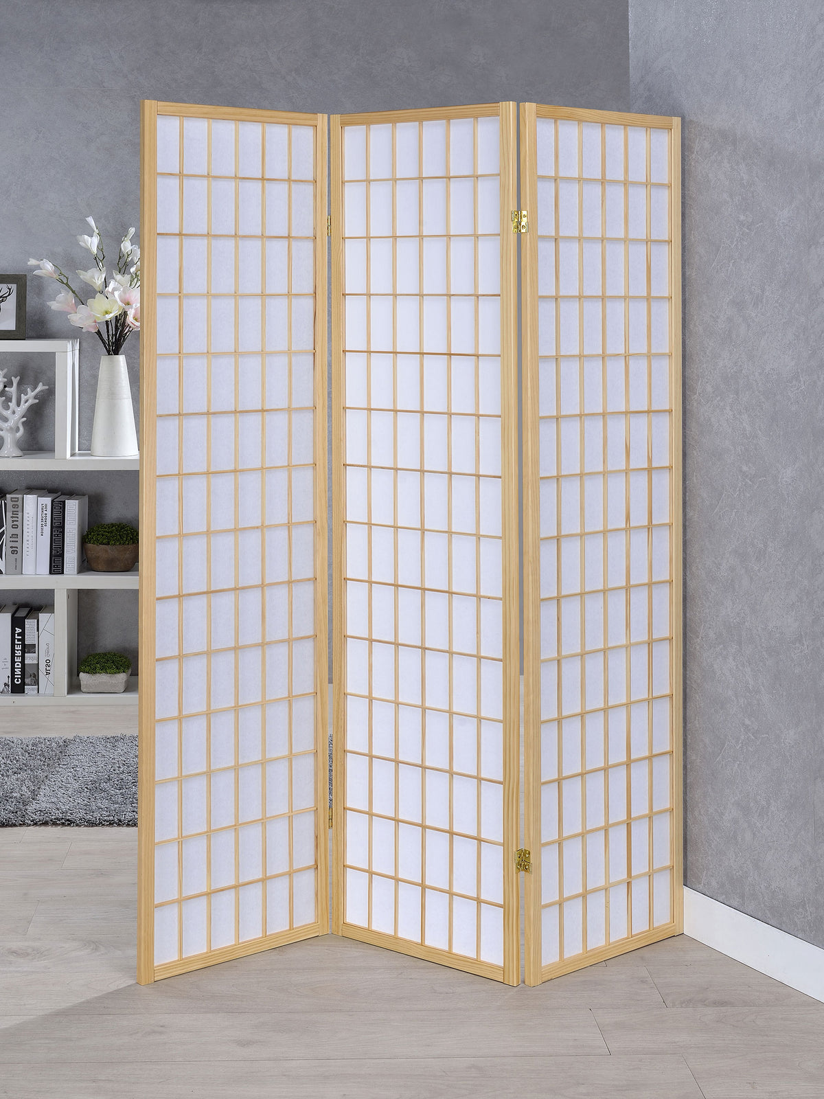 Carrie 3-Panel Folding Shoji Room Divider - Natural Pine Frame with White Fabric Grid Panels – view 1