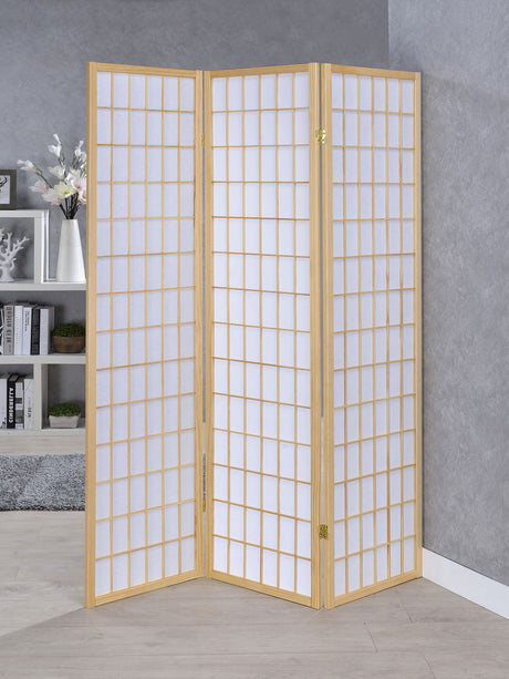 Carrie 3-Panel Folding Shoji Room Divider - Natural Pine Frame with White Fabric Grid Panels – view 1
