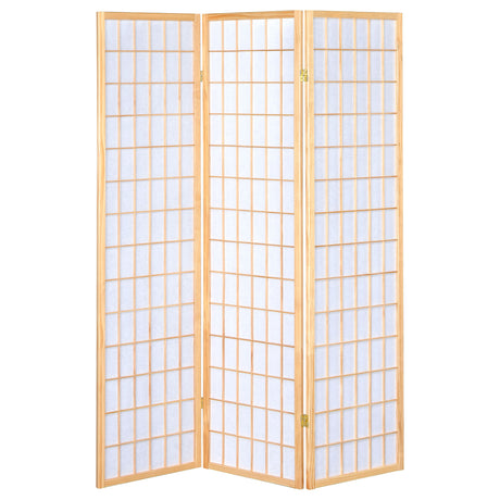 Carrie 3-Panel Folding Shoji Room Divider - Natural Pine Frame with White Fabric Grid Panels – view 3