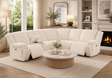 Front view of the black ribbed fabric sectional sofa with recliners in a contemporary living room setting.