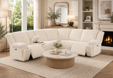 Front view of the black ribbed fabric sectional sofa with recliners in a contemporary living room setting.