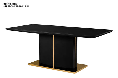 Nova contemporary white high-gloss dining table with a polished gold pedestal base in a modern room setting.
