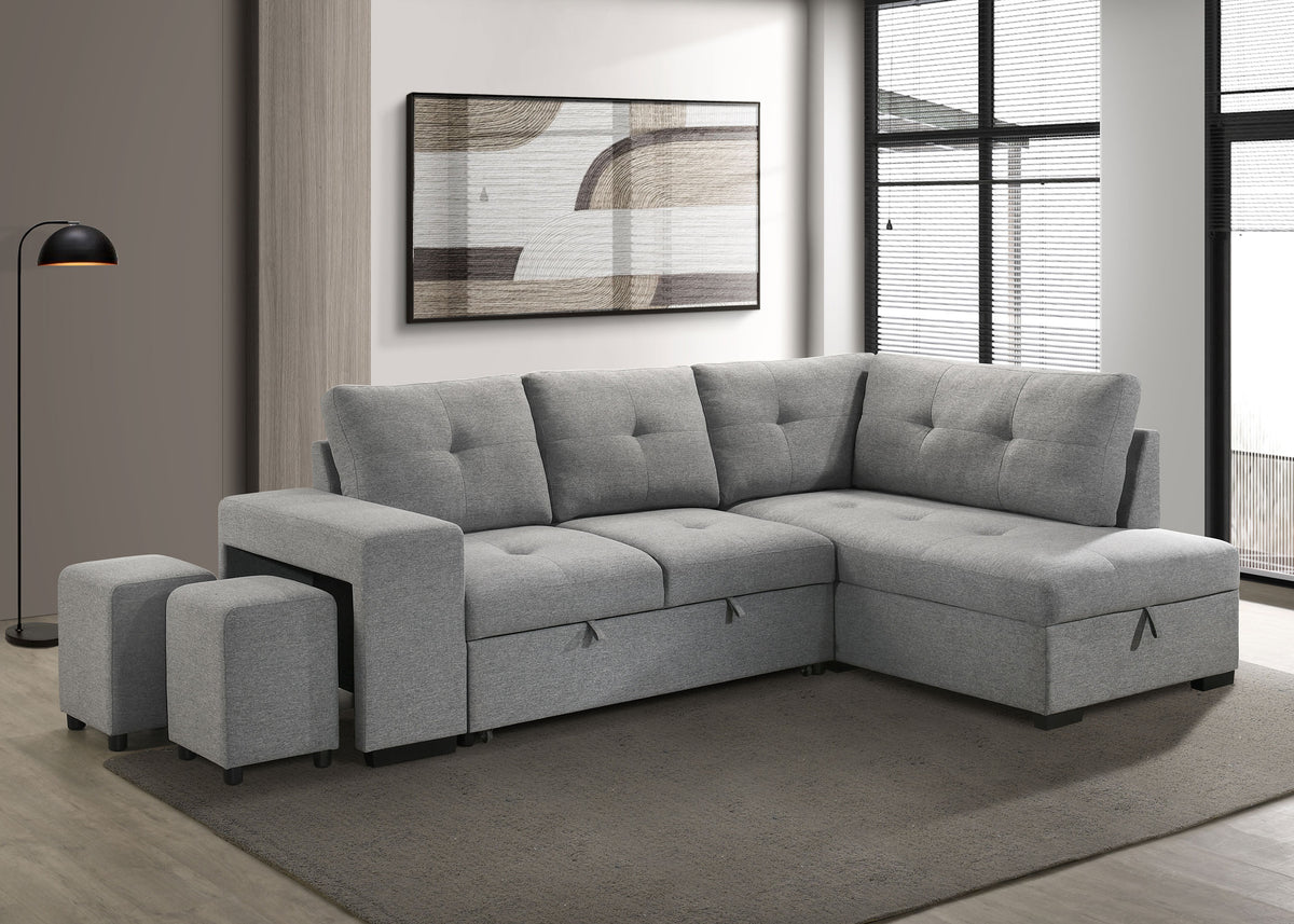 Roanne Sleeper Sectional Sofa with Storage Chaise & 2 Hidden Stools - Grey Tufted Fabric – view 1