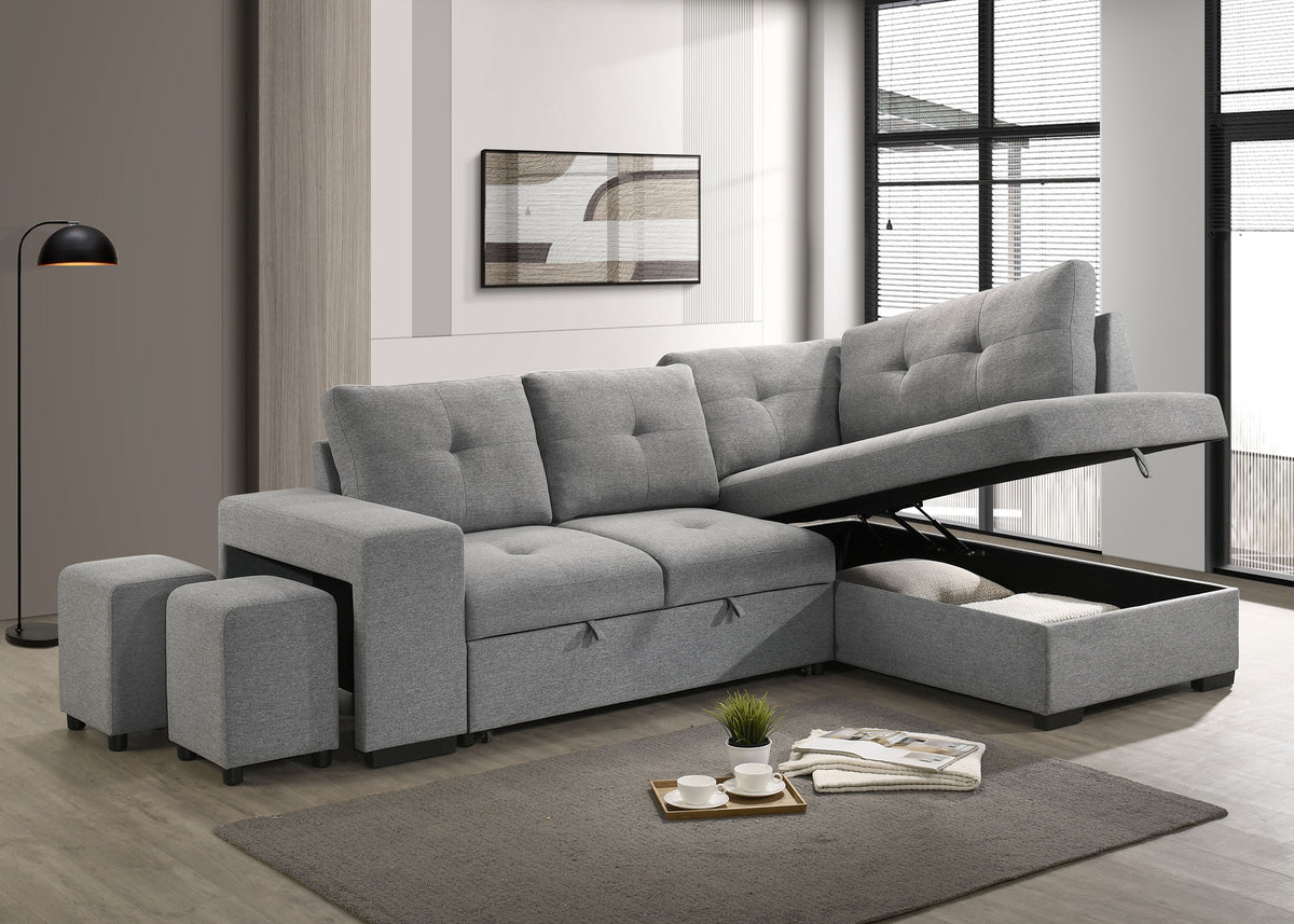 Roanne Sleeper Sectional Sofa with Storage Chaise & 2 Hidden Stools - Grey Tufted Fabric – view 3