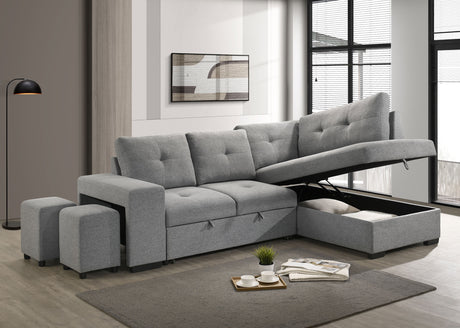 Roanne Sleeper Sectional Sofa with Storage Chaise & 2 Hidden Stools - Grey Tufted Fabric – view 3