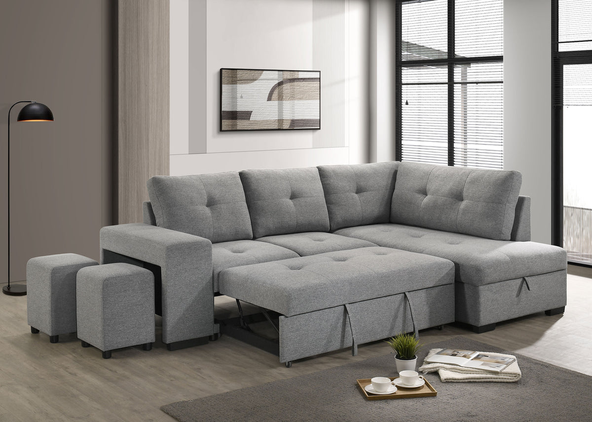 Roanne Sleeper Sectional Sofa with Storage Chaise & 2 Hidden Stools - Grey Tufted Fabric – view 4
