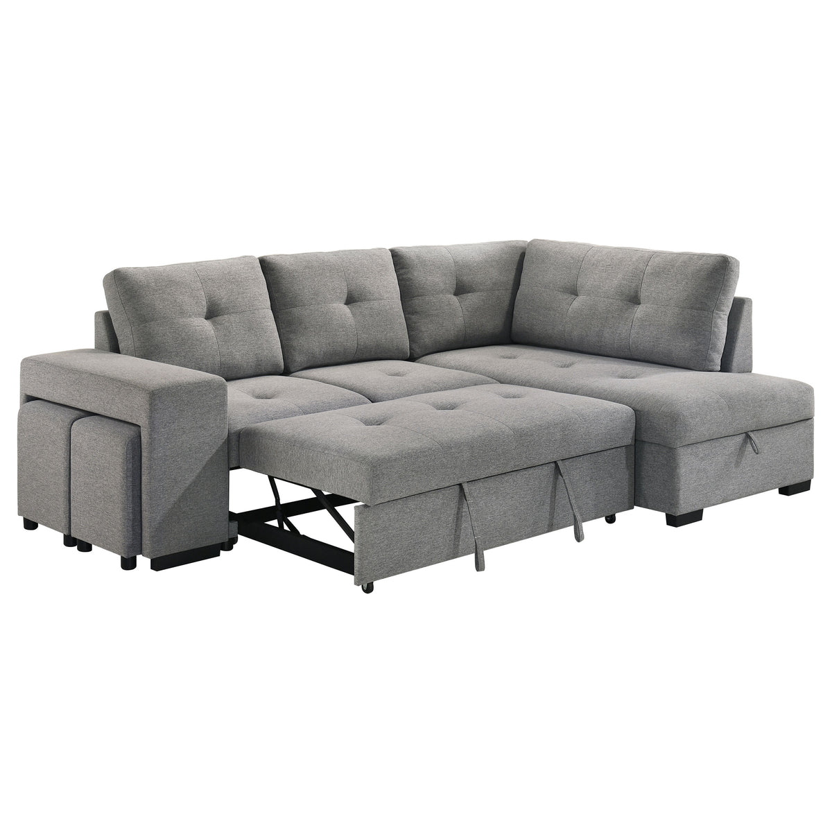 Roanne Sleeper Sectional Sofa with Storage Chaise & 2 Hidden Stools - Grey Tufted Fabric – view 7