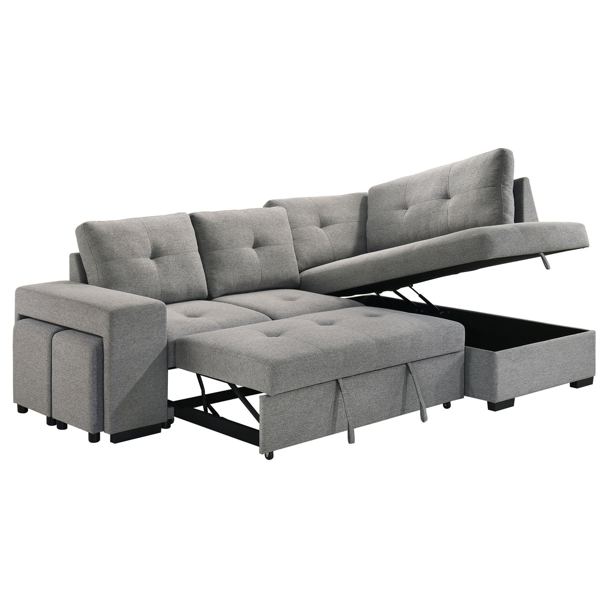 Roanne Sleeper Sectional Sofa with Storage Chaise & 2 Hidden Stools - Grey Tufted Fabric – view 8