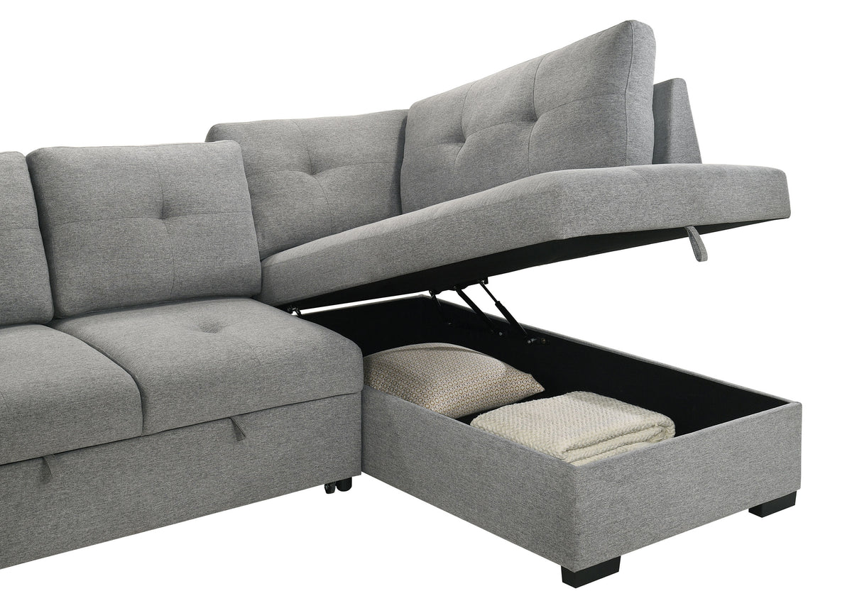 Roanne Sleeper Sectional Sofa with Storage Chaise & 2 Hidden Stools - Grey Tufted Fabric – view 16