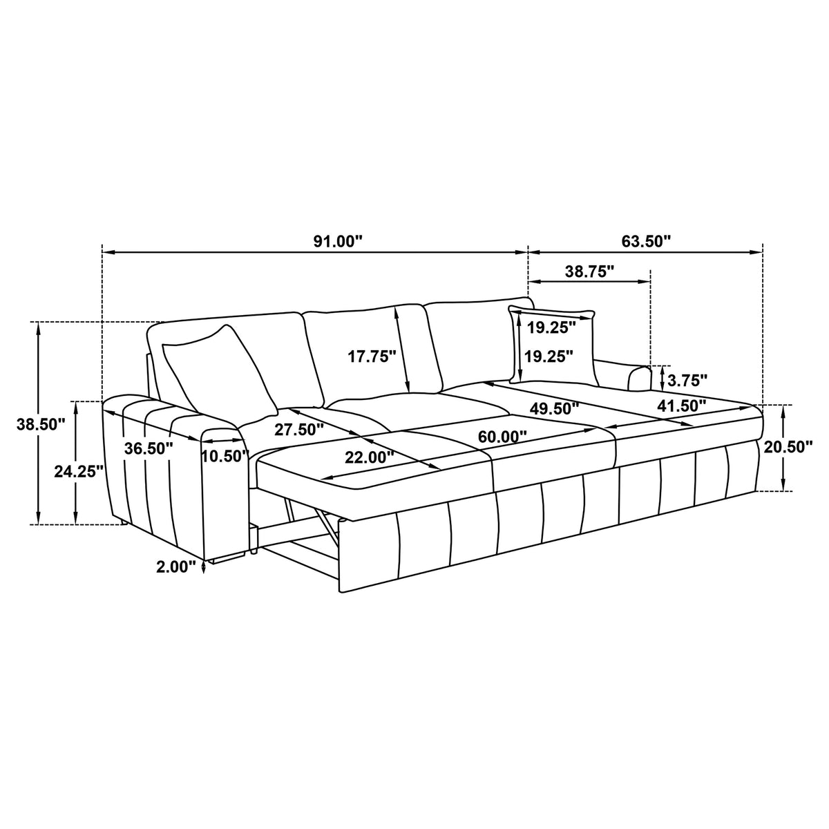 Pastrana Sleeper Sectional with Right Chaise - Camel Fabric, Pull-Out Bed & Track Arms – view 15