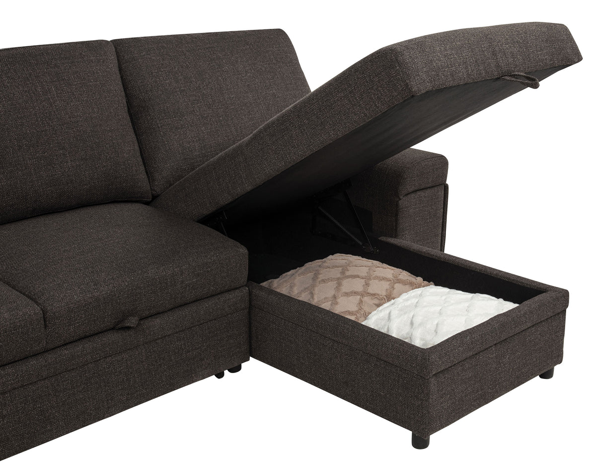 Demko Sleeper Sectional with Storage Chaise - Brown Fabric with Bluetooth Speakers, USB & Cup Holders – view 13