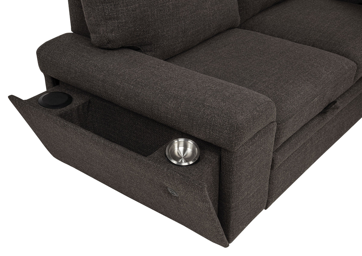 Demko Sleeper Sectional with Storage Chaise - Brown Fabric with Bluetooth Speakers, USB & Cup Holders – view 14