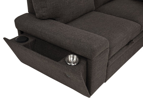 Demko Sleeper Sectional with Storage Chaise - Brown Fabric with Bluetooth Speakers, USB & Cup Holders – view 14