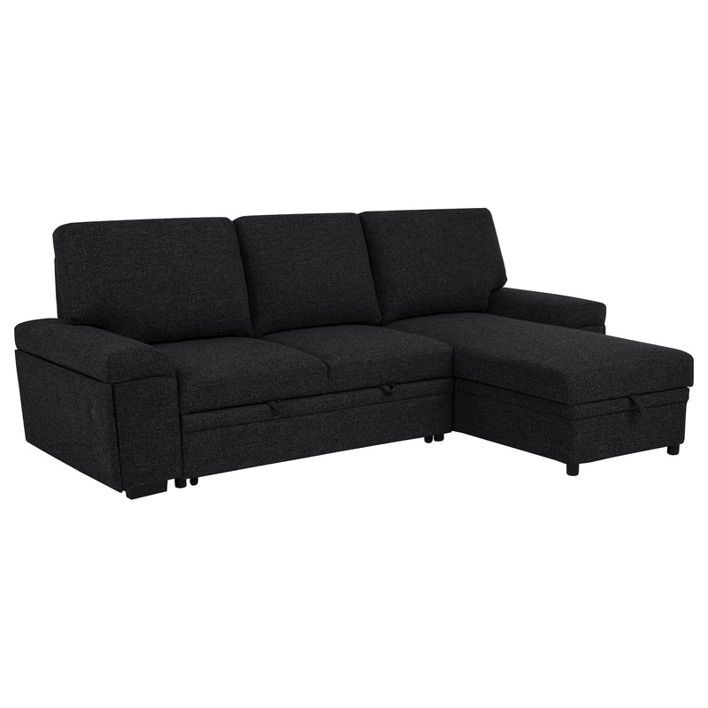 Demko Sleeper Sectional with Storage Chaise - Bluetooth Speakers, USB Charging & Cup Holders in Black Fabric