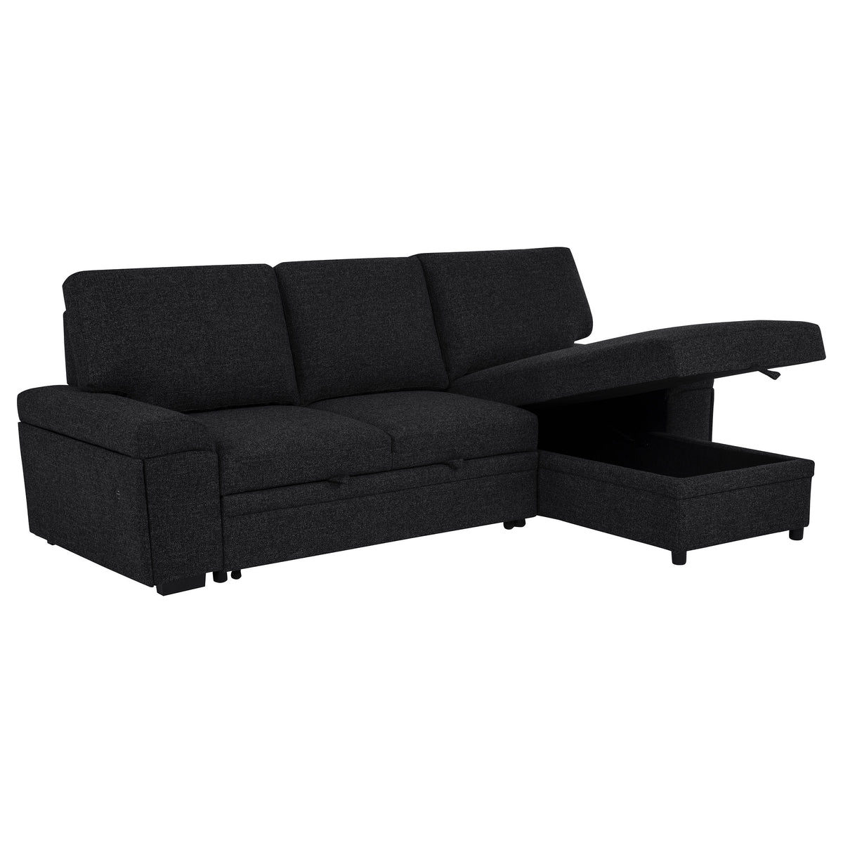 Demko Sleeper Sectional with Storage Chaise - Bluetooth Speakers, USB Charging & Cup Holders in Black Fabric – view 2