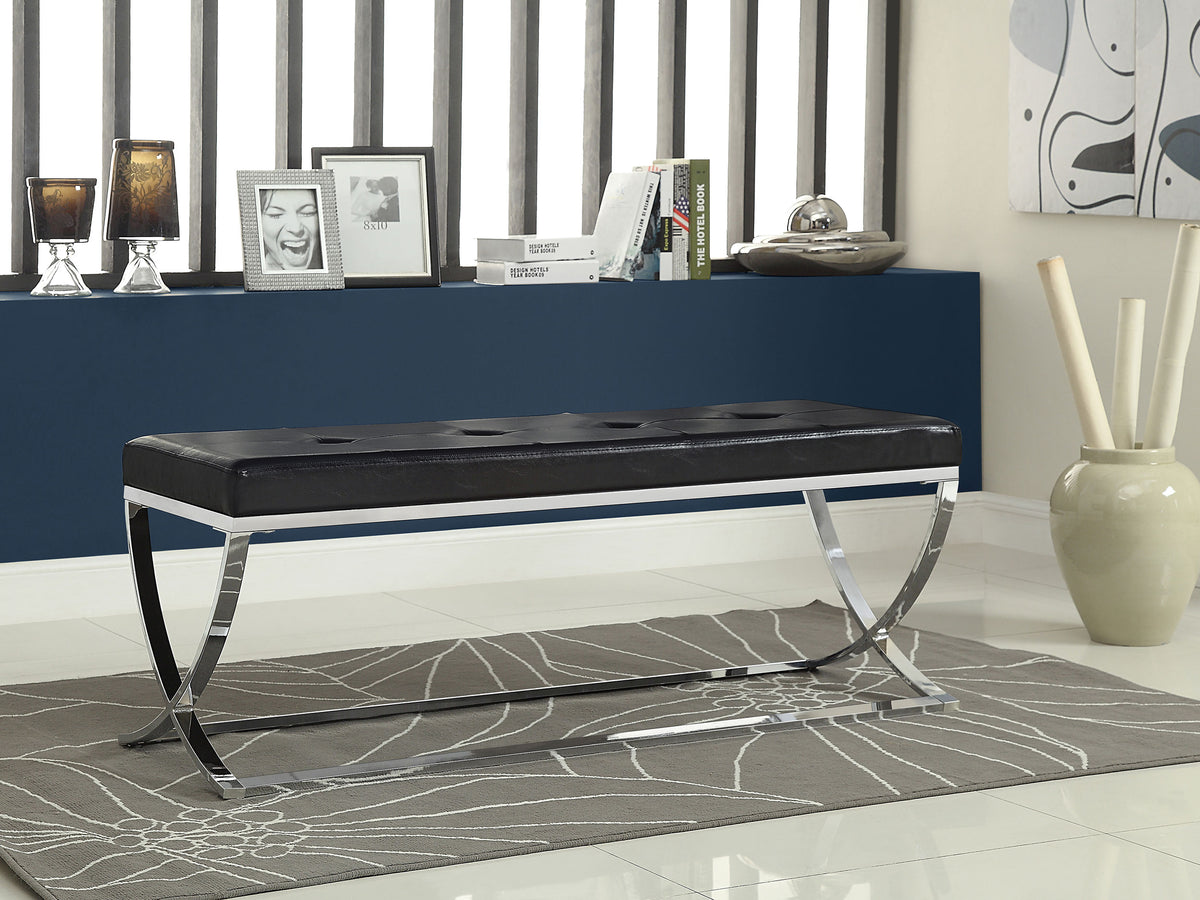 Walton Tufted Leatherette Accent Bench - Black Upholstery on Polished Chrome Frame – view 1