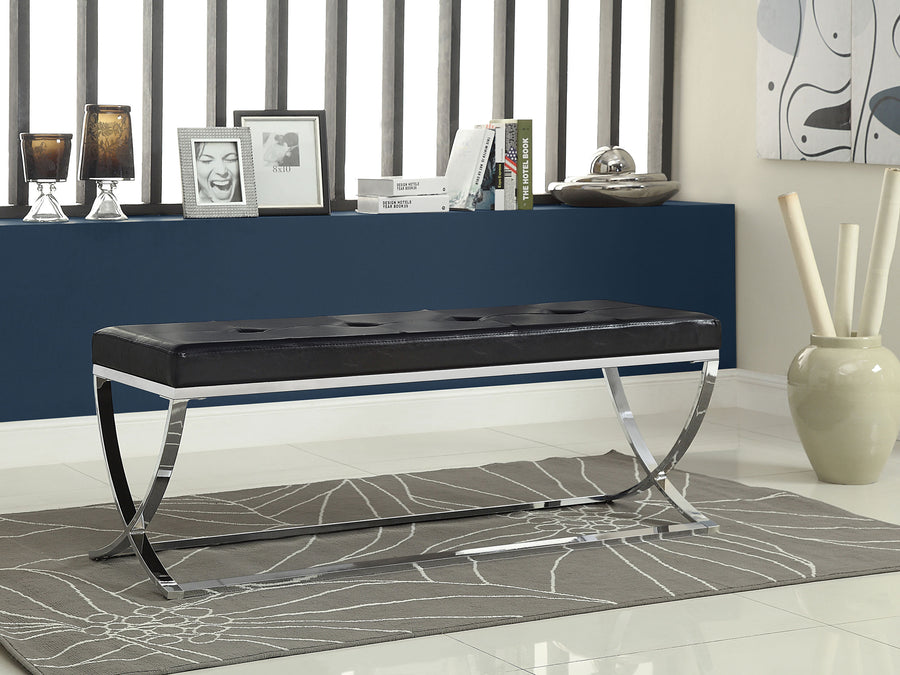 Walton Tufted Leatherette Accent Bench - Black Upholstery on Polished Chrome Frame