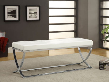 Walton Tufted Leatherette Accent Bench - White Upholstery on Curved Chrome Frame – view 1